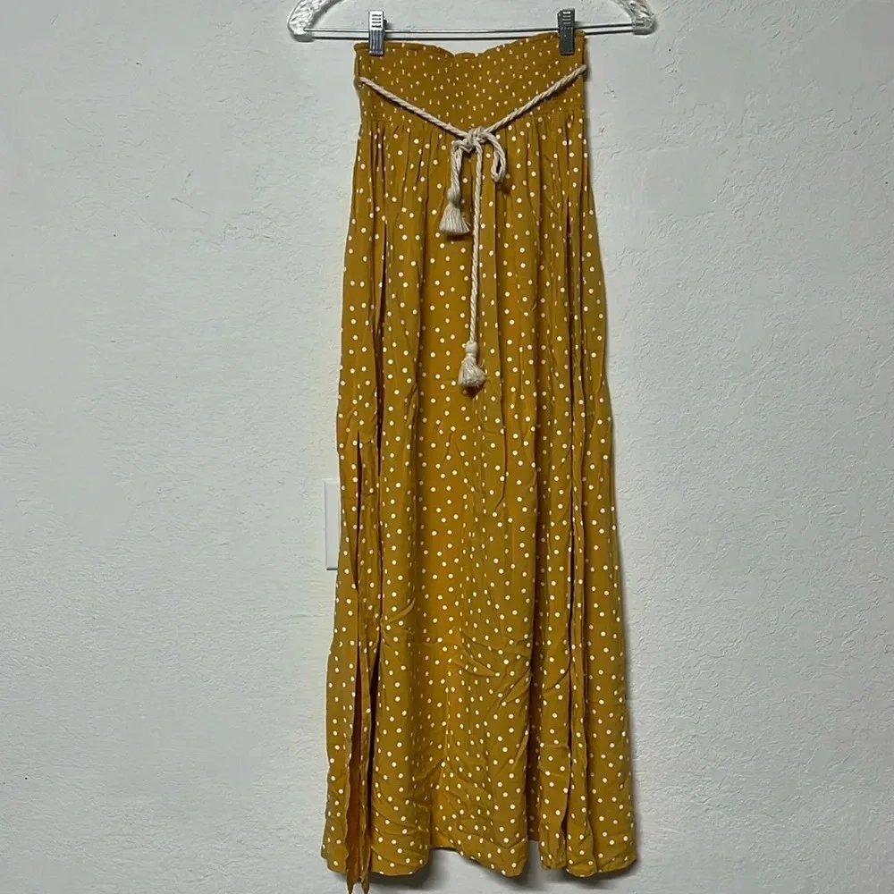 Imperfect NWT NAF NAF Paris skirt yellow maxi skirt rope tassel‎ belt polka dot